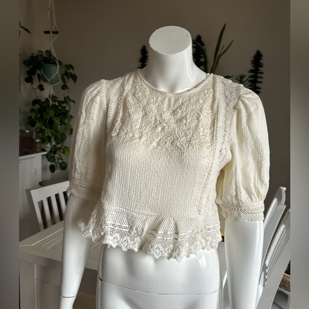Zara Med made in India embroidered crop blouse short sleeve button up back